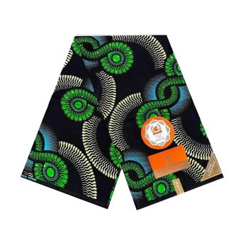 Capulana Africana Premium Preto & Verde Padrão Circular Moderno, 100% Algodão