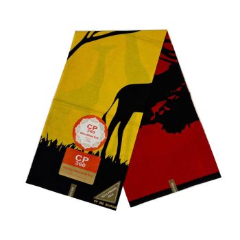 Capulana Africana CP 360 Silhueta da Girafa Amarelo Preto e Vermelho, 100% Algodão
