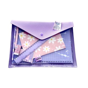 Conjunto Infantil Cadernos, Caneta, Regua, Afiador e Borracha Lilas