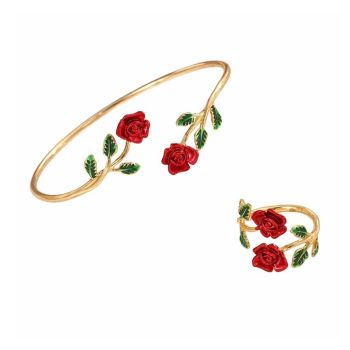 Conjunto Floral Rosa Pulseira e Anel Ajustável, Dourado