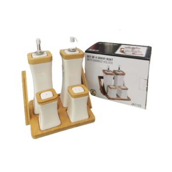 Galheteiro De Porcelana 4 Pcs com Base De Madeira 