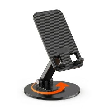 Suporte Stand Pl&aacute;stico Base Met&aacute;lica Rota&ccedil;&atilde;o 360&deg; Tablet Smartphone, Preto