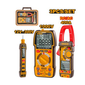 Conjunto Medicao Testador 12-300V HSDT33001 + Multimetro 1000V DM310002 + Amperimetrio 400A DCM62002, INGCO