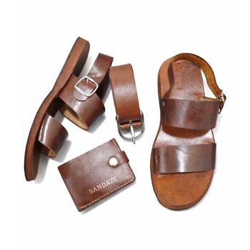 Conjunto de Sandálias Couro com Cinto e Carteira Sandaze em Couro, Castanho