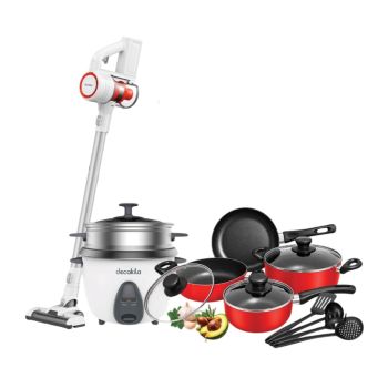 Super Oferta Decakila #5: Aspirador de Pó sem Fio 140W, Panela Elétrica de arroz 1.8 L e Conjunto de Cozinha 11 Pcs