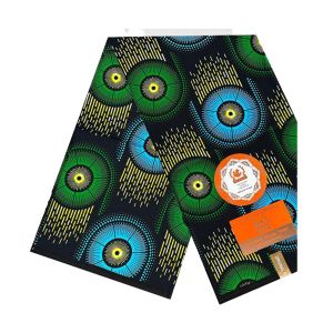 Capulana Africana Premium Flygle Estampa Circular Verde & Azul, 100% Algodão