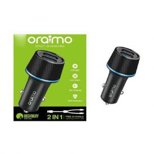 Adaptador de Carregador de Celular Oraimo USB para Carro, 2 Saídas com Cabo 2 em 1 Incluso