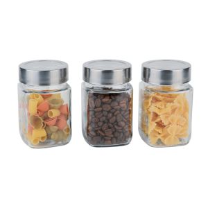 Jogo de 3 Frascos Quadrados com Tampa Metal Micasa Glass (8/16), 500 ml