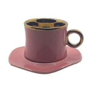 Jogo de 6 Chávenas de Chá Com Pires de Aba Dourada Simples, Rosa