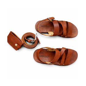 Conjunto de Sandálias Couro Cinto e Carteira Genérico, Castanho