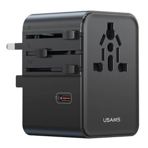 Carregador Universal para Viagem USAMS CC310 70W Type-C e USB – US/AU/UK/EU, Preto