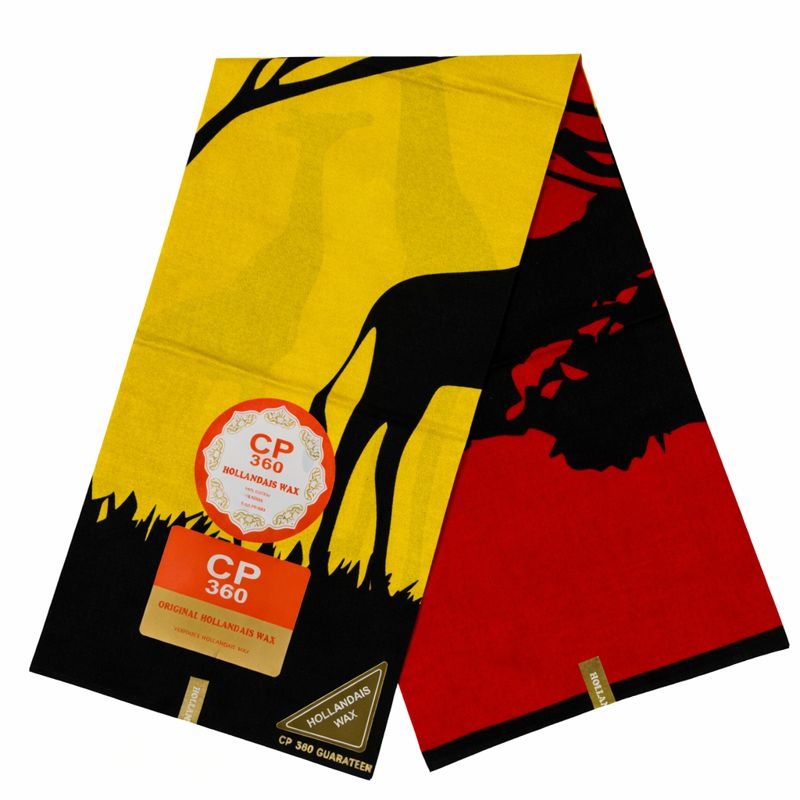 Capulana africana CP 360 com estampa de girafa em amarelo, preto e vermelho, tecido 100% algodão Hollandais Wax
