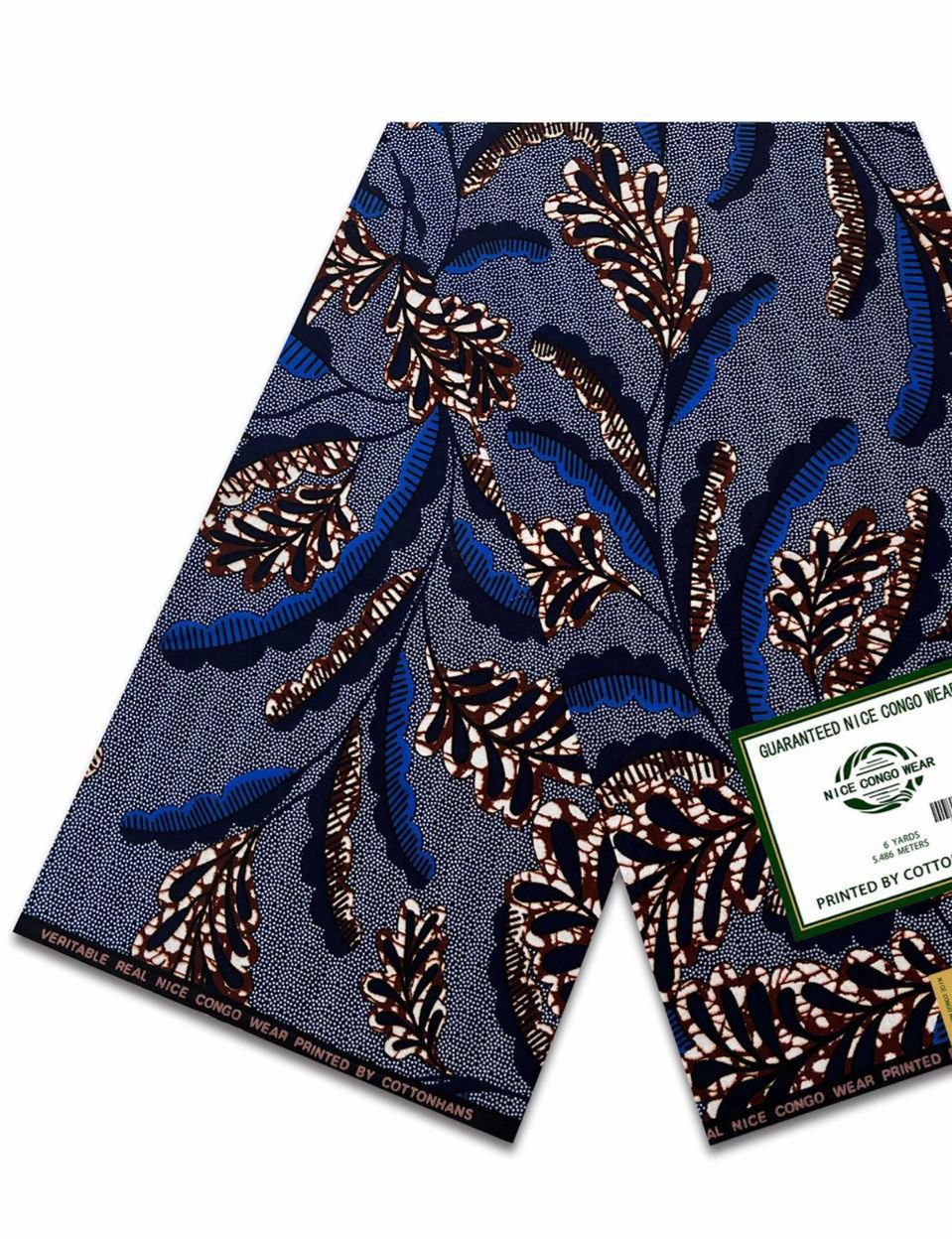 Capulana africana Nice Congo Wear com estampa de folhagens em azul profundo, tecido premium 100% algodão