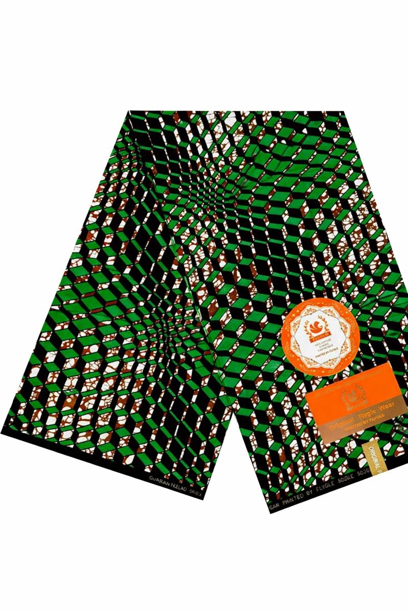 Capulana africana geométrica verde e preta em algodão 100%, ideal para vestuário e decoração