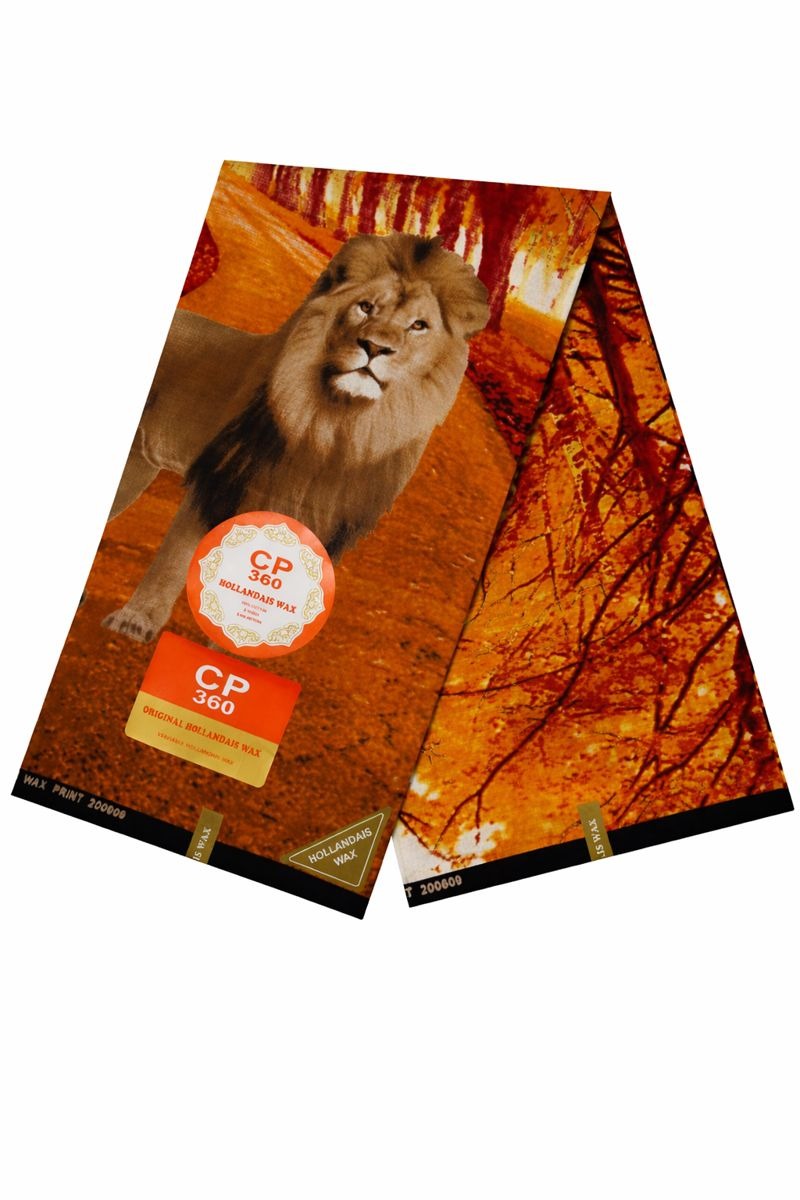 Capulana Africana Hollandais Wax “Leão Majestoso” CP 360 – Tecido Premium 100% Algodão Capulana africana Hollandais Wax com estampa de leão em tons quentes, tecido premium 100% algodão