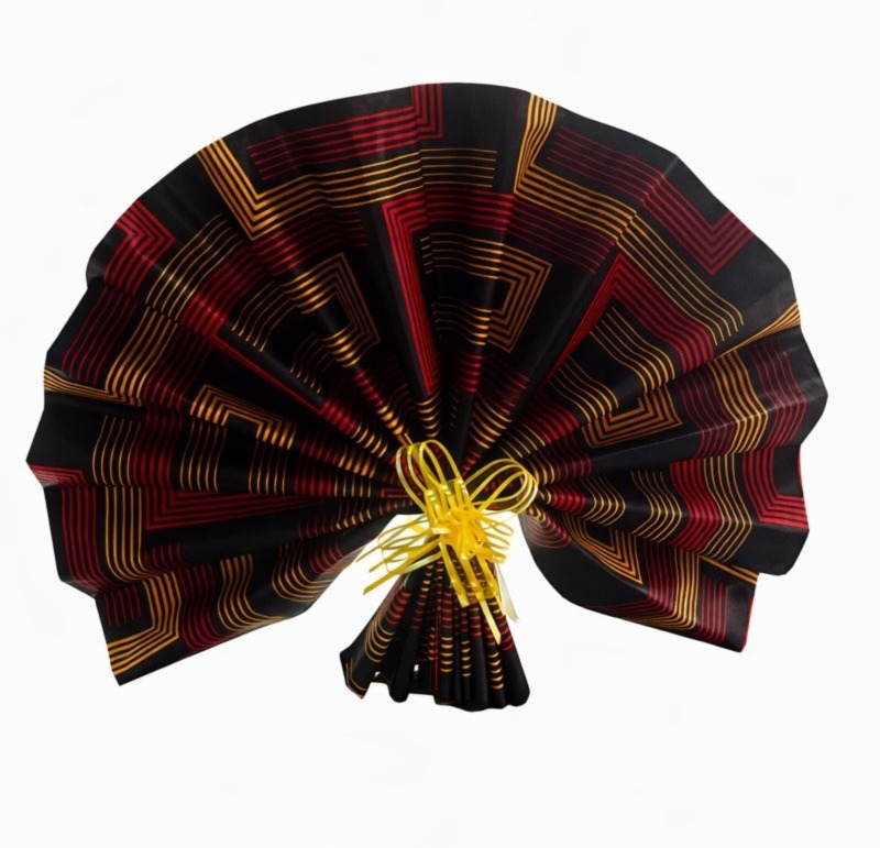 Leque decorativo artesanal feito em capulana wax 100% algodão com padrão geométrico africano